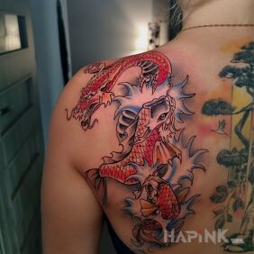 Tattoo Dragon koi on the back motif: animals style: japanese / irezumi