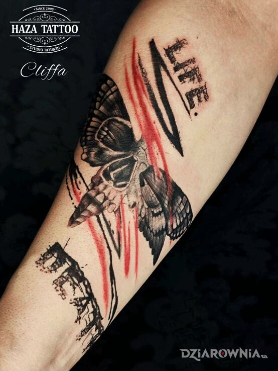 Tatuaż life death tatuaż kolor w motywie owady i stylu realistyczne na przedramieniu