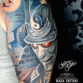 Tattoo Japan samurai on the upper arm motif: colorful style: realistic
