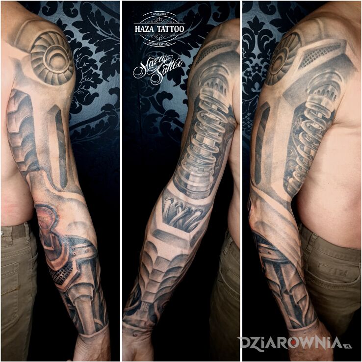 Tatuaż biomechanika tatuaż w motywie rękawy i stylu biomechanika na ręce
