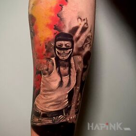 Tattoo Fan, match CHAOS POZNAŃ on the forearm motif: colorful style: realistic