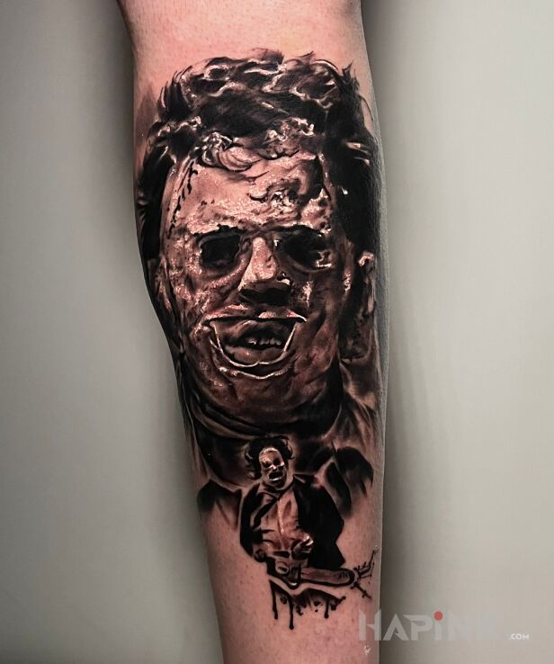 Tattoo Leatherface Horror in characters motif and realistic style on the leg
