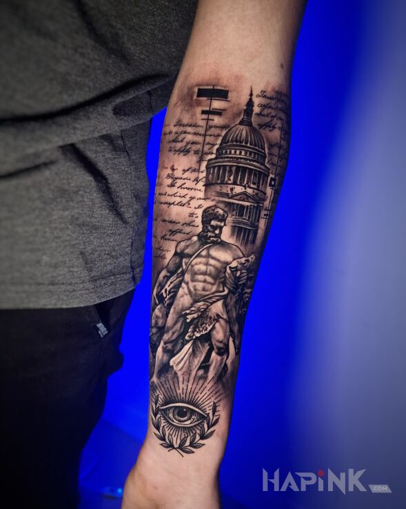 Tattoo Grecki bóg na tle wieży in black and gray motif and graphic / illustrative style On the arm