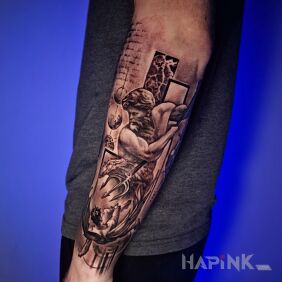Tattoo Greece tattoo, characters, Greek god sleeve on the forearm motif: black and gray style: graphic / illustrative