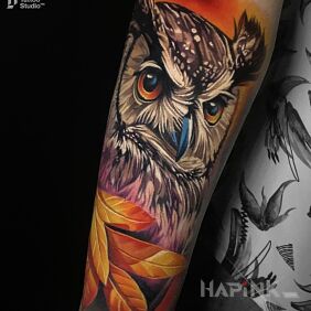 Tattoo Realistic owl On the arm motif: colorful style: realistic