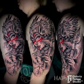 Tattoo Graphic valkyrie on the upper arm motif: black and gray style: graphic / illustrative
