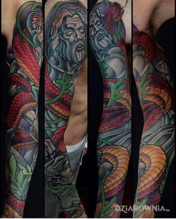 Tatuaż walka z wężem w motywie zwierzęta i stylu neotradycyjne na przedramieniu