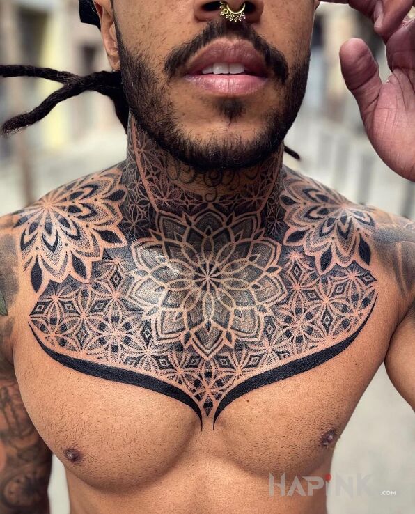 Tattoo Mandalowy chłopak in black and gray motif and dotwork style on the neck