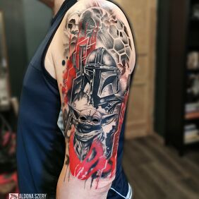 Tattoo Mandalorian on the upper arm motif: science fiction style: trash polka