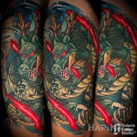 Tattoo Shen long cover-up dragon ball on the thigh motif: manga / anime style: cartoon / comic book