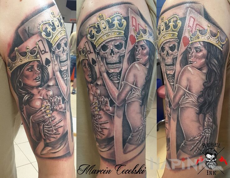 Tattoo Król i damy in skulls motif and realistic style on the upper arm
