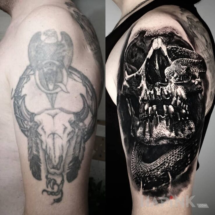 Tattoo Czaszka Cover Up in black and gray motif and realistic style On the arm