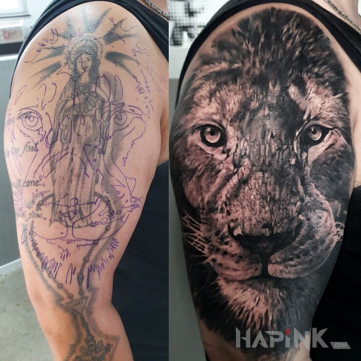 Tattoo Lew Cover Up in cover-up motif and realistic style on the shoulder