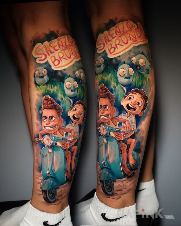 Tattoo Bajka Silenzio Bruno in characters motif and cartoon / comic book style on the calf
