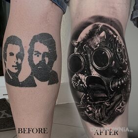 Tatuaż Maska Slipknot Cover Up na łydce motyw: cover up styl: realistyczne