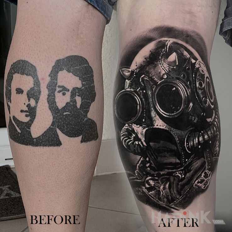Tattoo Maska Slipknot Cover Up in 3D motif and realistic style on the calf