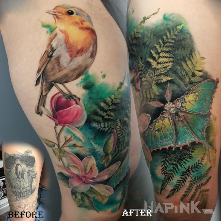 Tattoo Kolorowa natura Cover Up in colorful motif and realistic style on the leg