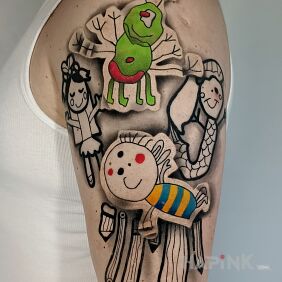 Tattoo Child's world on the upper arm motif: funny style: abstract