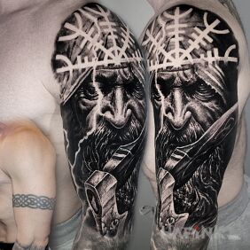 Tattoo Sage Cover Up on the upper arm motif: faces style: realistic