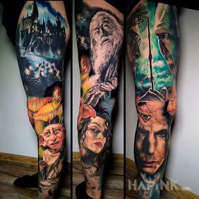 Tattoo Harry Potter leg sleeve on the calf motif: fantasy style: realistic