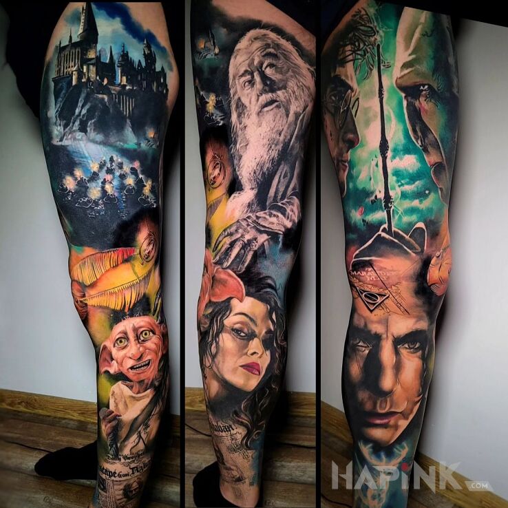 Tattoo Harry Potter nogawka in colorful motif and realistic style on the foot