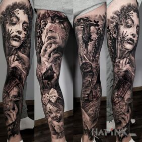 Tattoo Women. Spiders. Baba Yaga. on the thigh motif: legsleeves style: realistic