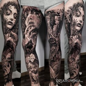Tatuaż Kobiety. Pająki. Baba Jaga. na udzie motyw: nogawki styl: realistyczne