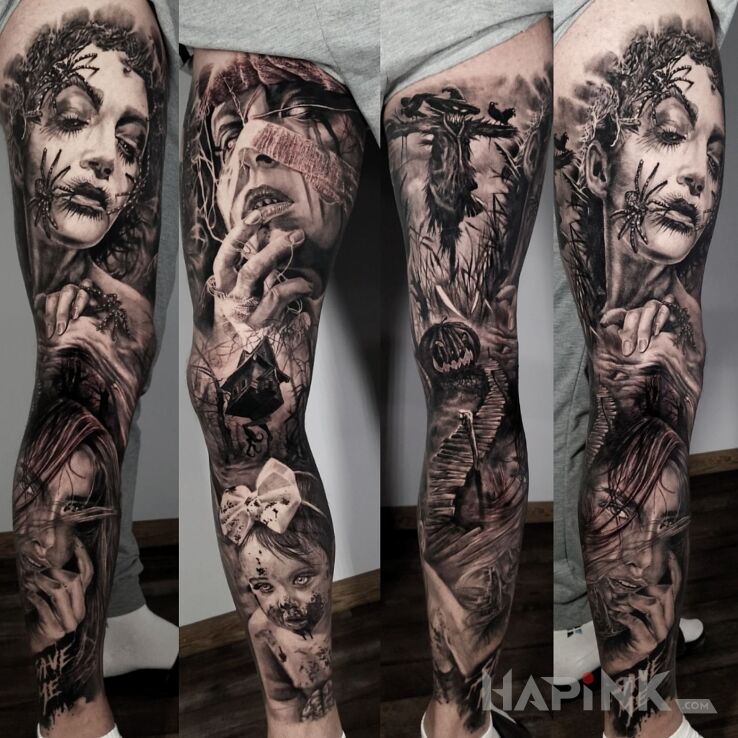 Tattoo Kobiety. Pająki. Baba Jaga. in faces motif and realistic style on the thigh