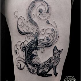 Tattoo Fox tattoo on the leg motif: animals style: graphic / illustrative