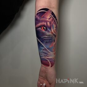 Tattoo Fantasy cat on the forearm motif: colorful style: realistic