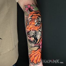 Tattoo Color tiger tattoo on the forearm on the forearm motif: animals style: neo-traditional