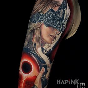 Tattoo Fire Keeper Dark Souls 3 on the upper arm motif: characters style: realistic