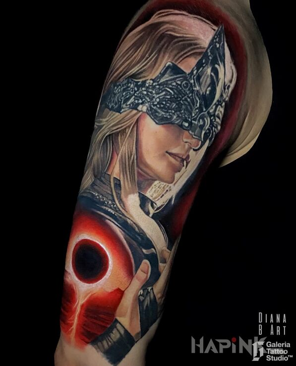 Tattoo Fire Keeper Dark Souls 3 in fantasy motif and realistic style on the upper arm