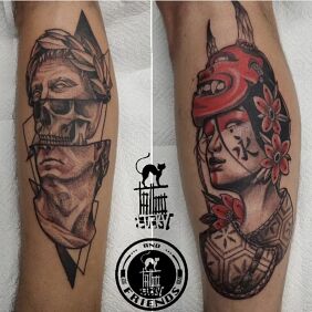 Tattoo Japanese tattoo on the leg motif: flowers style: graphic / illustrative