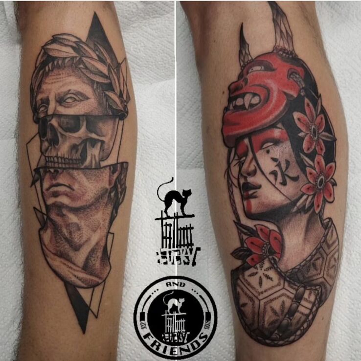 Tatuaż japanese tattoo w motywie czaszki i stylu japońskie / irezumi na nodze