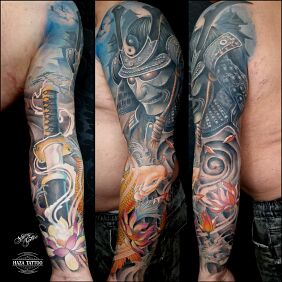 Tatuaż Rękaw ryba kolor tatuaż na ramieniu motyw: cover up styl: japońskie / irezumi