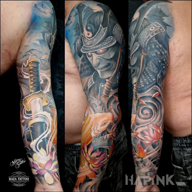 Tattoo Color fish sleeve tattoo in objects motif and realistic style On the arm