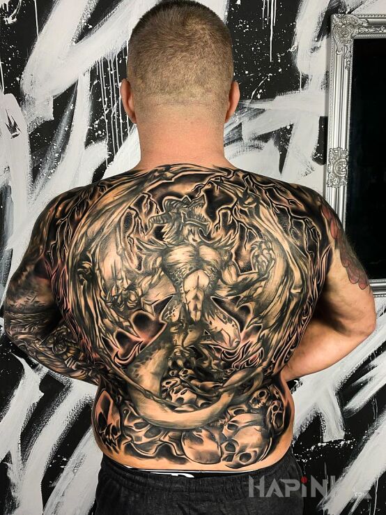 Tattoo DEMON vol 3.  cdn. in dark motif and graphic / illustrative style on the shoulder blades