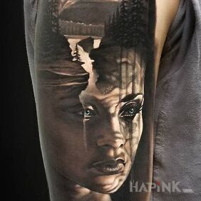 Tattoo Woman and mountains on the upper arm motif: 3D style: realistic