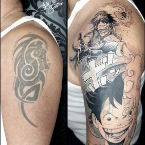 Tatuaż Anime cover up na ręce motyw: twarze styl: graficzne / ilustracyjne