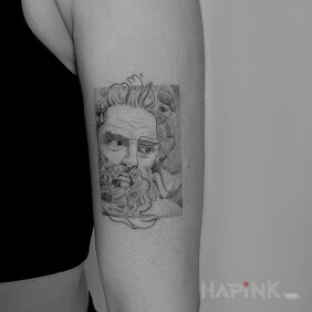 Tattoo Zeus with one line On the arm motif: black and gray style: realistic