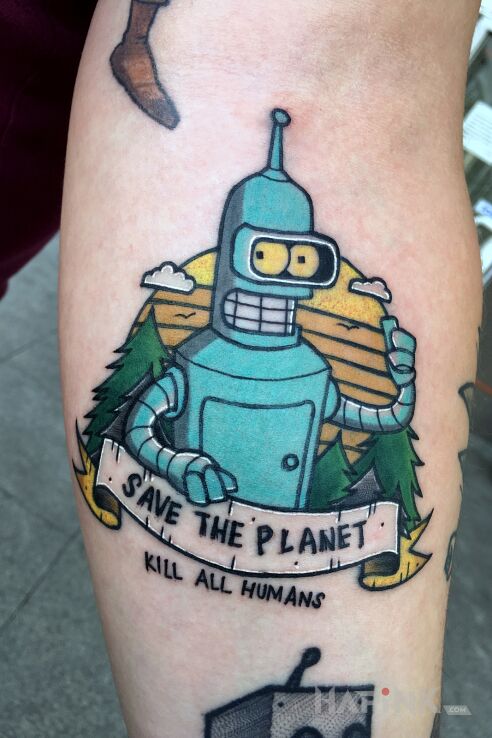 Tattoo Bender Futurama in colorful motif and newschool style On the arm