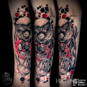 Tattoo Honey Badger Ramen On the arm motif: black and gray style: graphic / illustrative