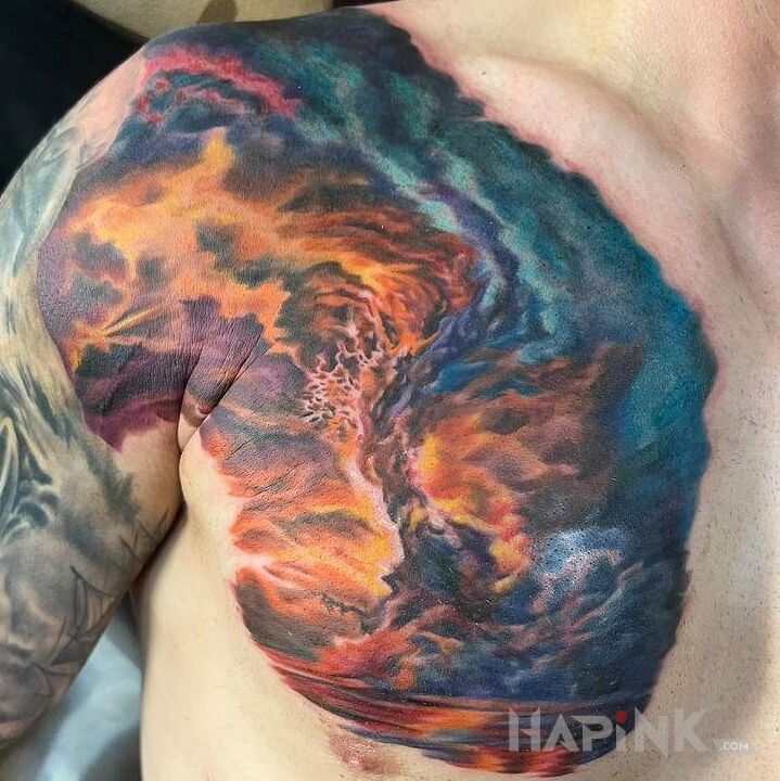 Tattoo Sztorm in nature motif and realistic style on the collarbone