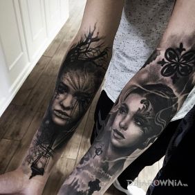 Tatuaż Dwie twarze na przedramieniu motyw: 3D styl: realistyczne