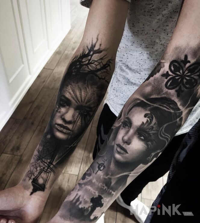 Tattoo Dwie twarze in faces motif and realistic style on the forearm