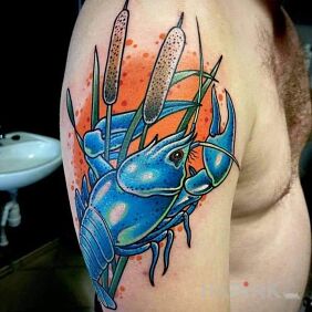 Tattoo Blue crayfish on the upper arm motif: zodiac signs style: neo-traditional