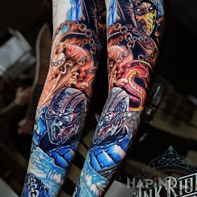 Tattoo Mortal Kombat on the bicep motif: sleeves style: realistic
