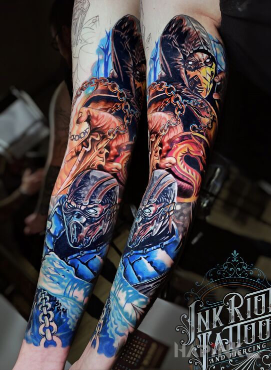 Tattoo Mortal Kombat in colorful motif and realistic style on the forearm