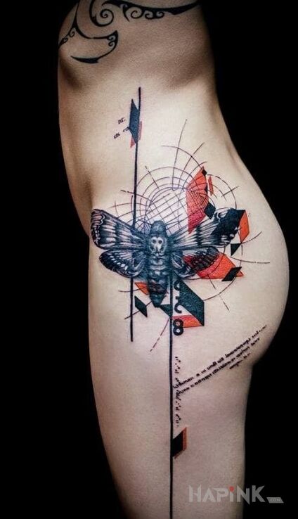 Tattoo Cykada in butterflies motif on the ribs